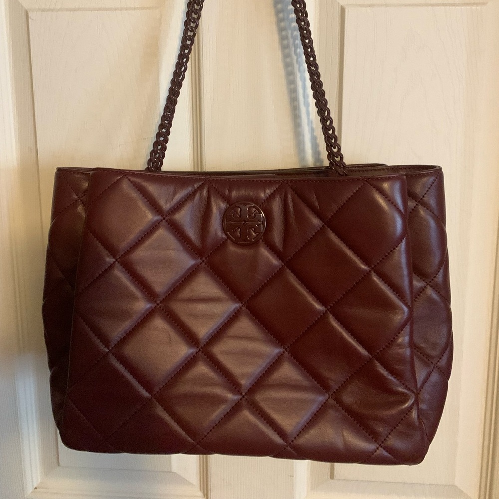 Tory Burch burgundy Willa soft quilt tote